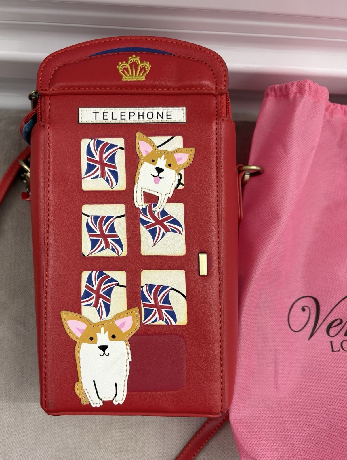 Vendula London Telephone Box Cats & Corgis Red Mini Crossbody Zip, Detach Strap