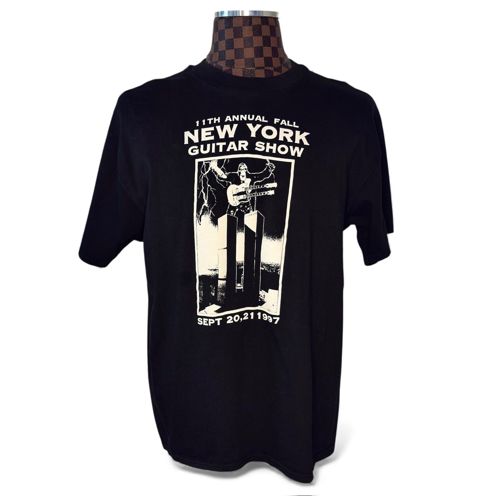 Vtg 90s New York Guitar Show T-Shirt Black XL Twin Towers King Kong NYC MINT