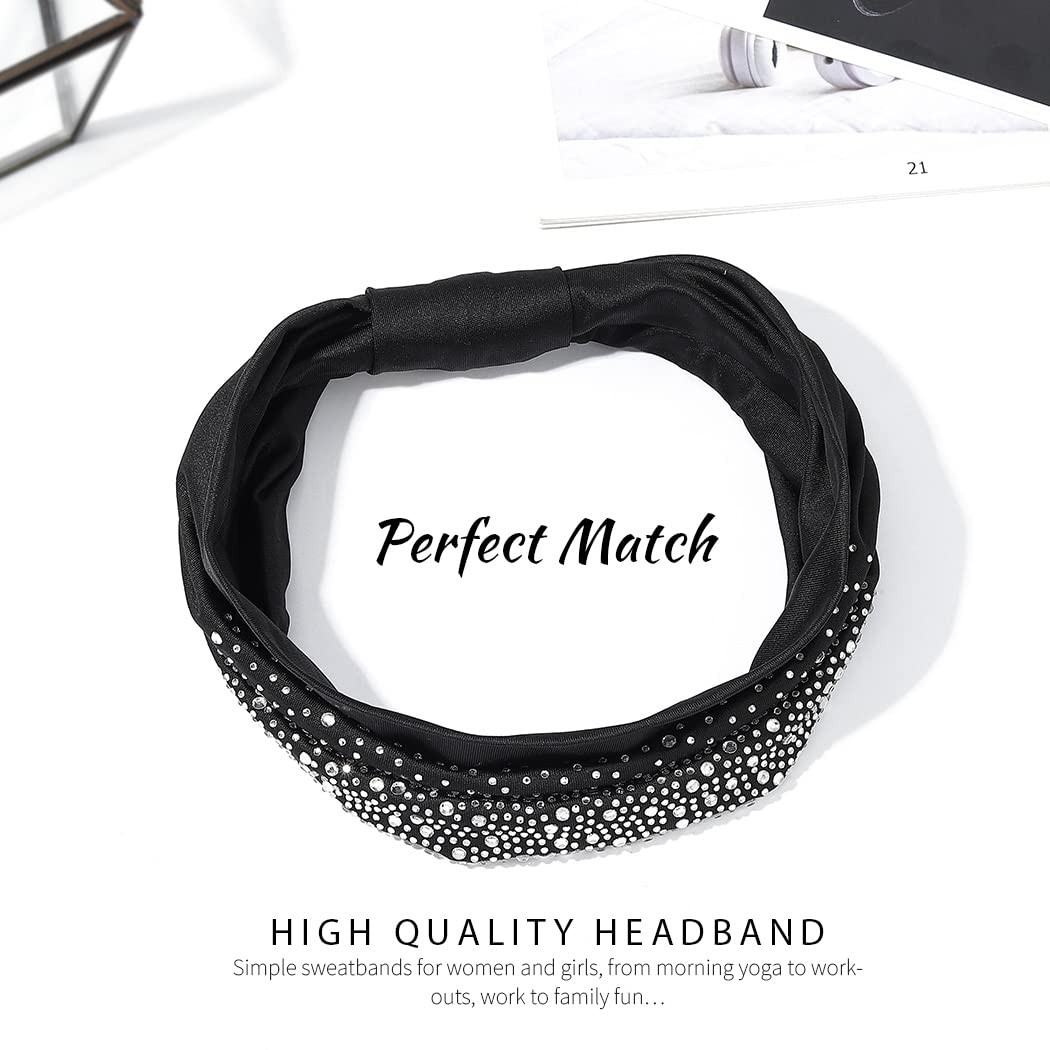 Crystal Headband Rhinestone Black Head Wraps Wide Knotted Head Band Turban Party