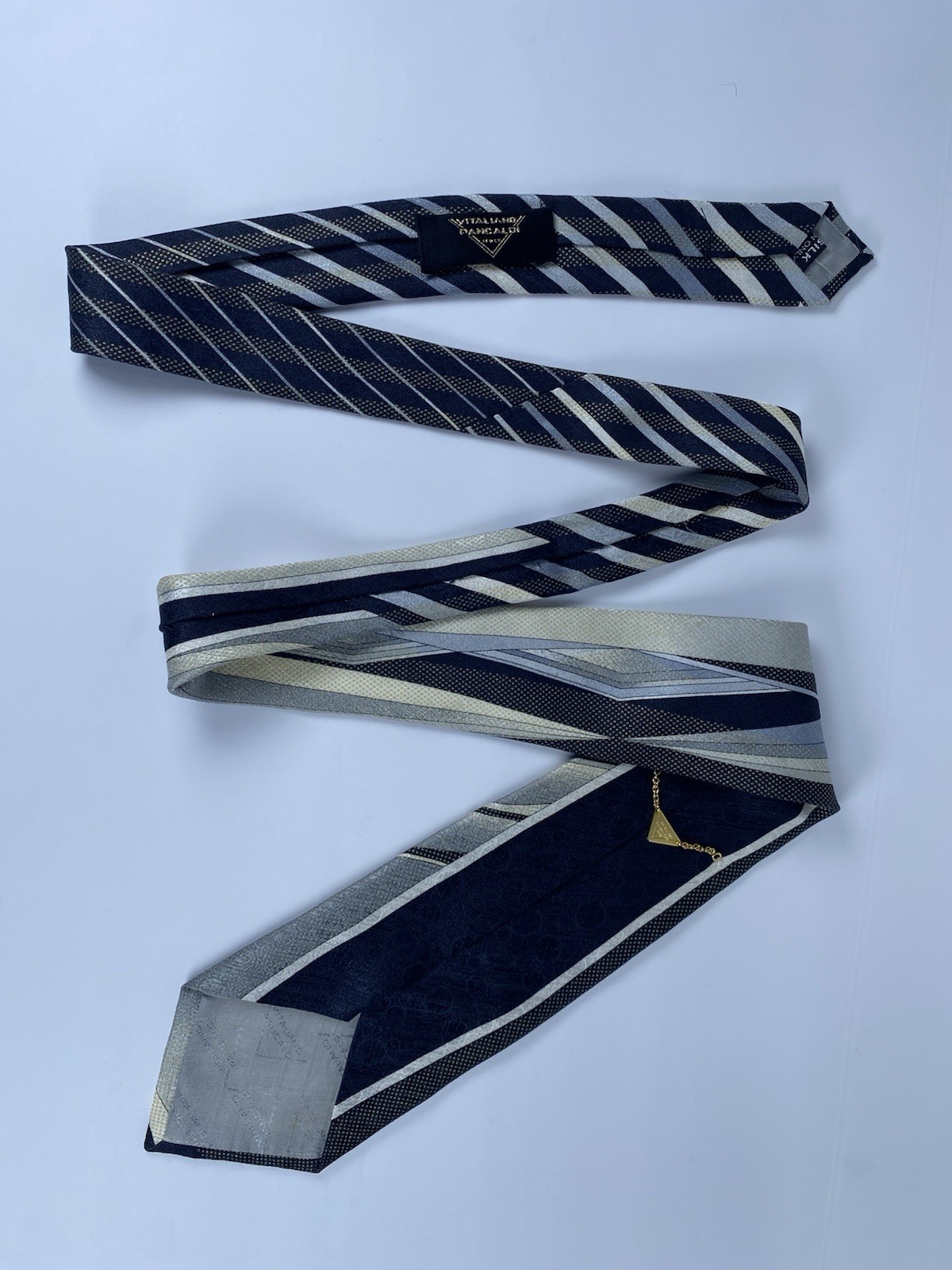 Vtg Vitaliano PANCALDI Silk Tie Italy XL 62″ Wide 4.8″ Abstract Silver Blue Gold