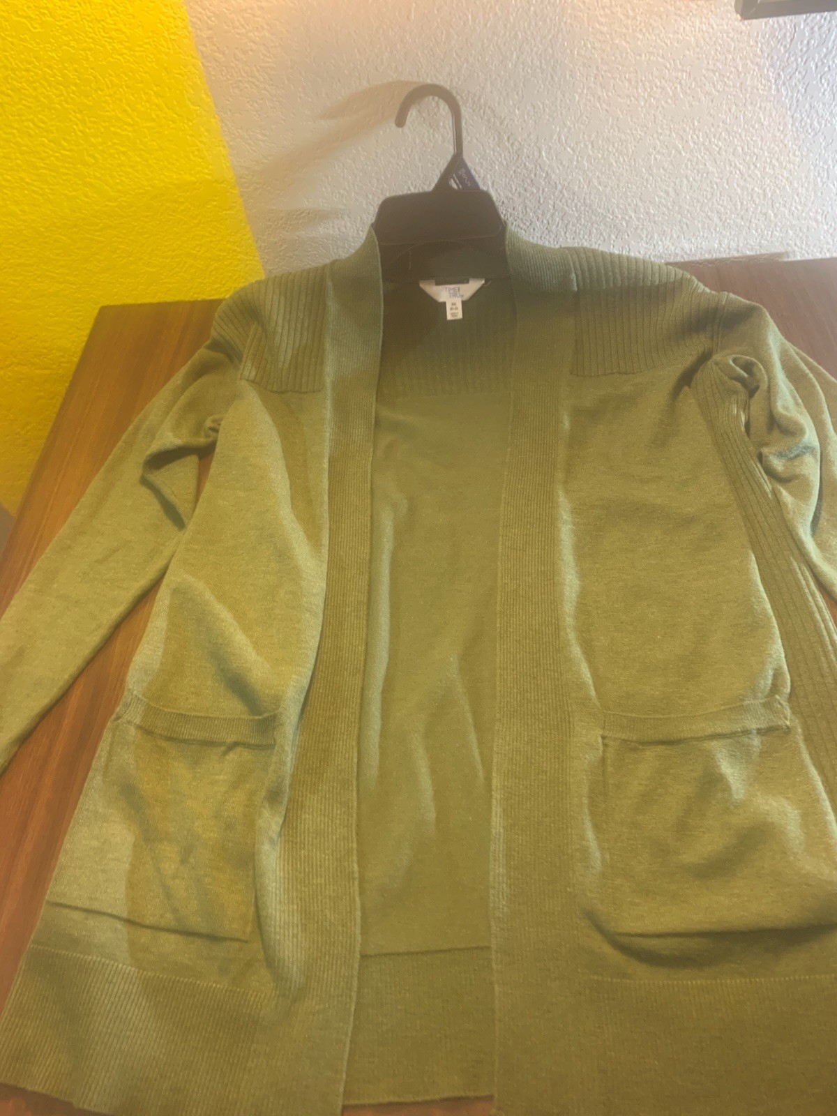 Time and Tru Women’s Green Rib-Knit Open Front Cardigan Sweater w/ Pockets XS