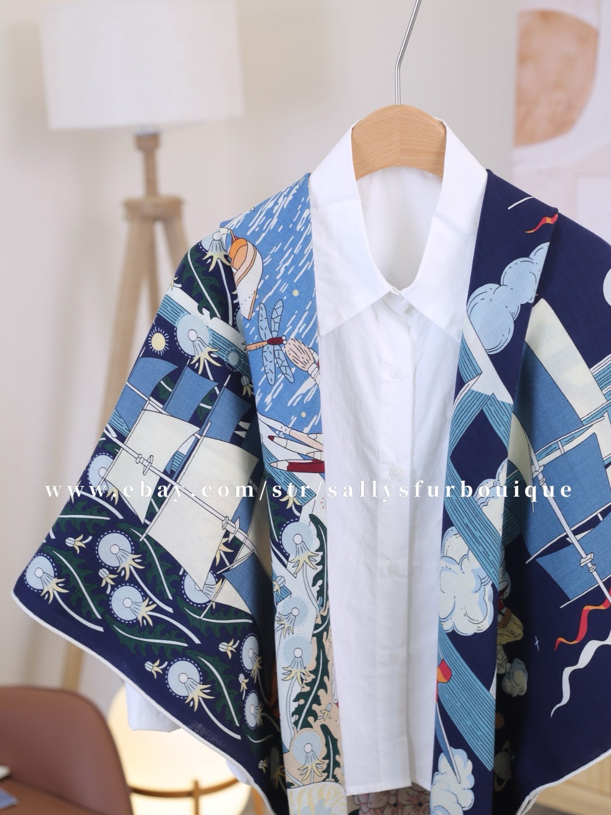 Sallys 70% Cashmere & 30% Silk Wrap Scarf Boat Print Double Face Shawl 53″ Navy