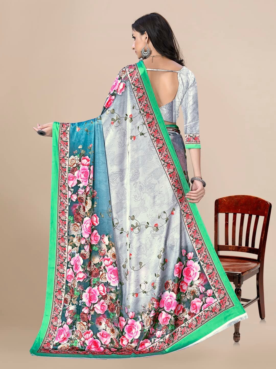 Women’s Satin Crepe Floral Saree for Women with Unstitched Blouse Piece