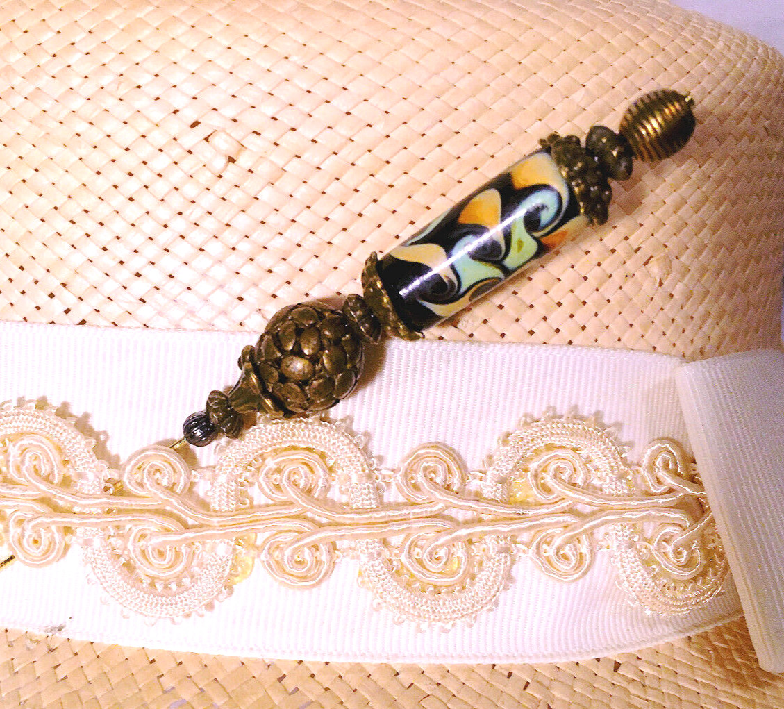 Hatpin with Vintage Tibetan Design & antique Bronze & Hand Made Artisan Ceramic