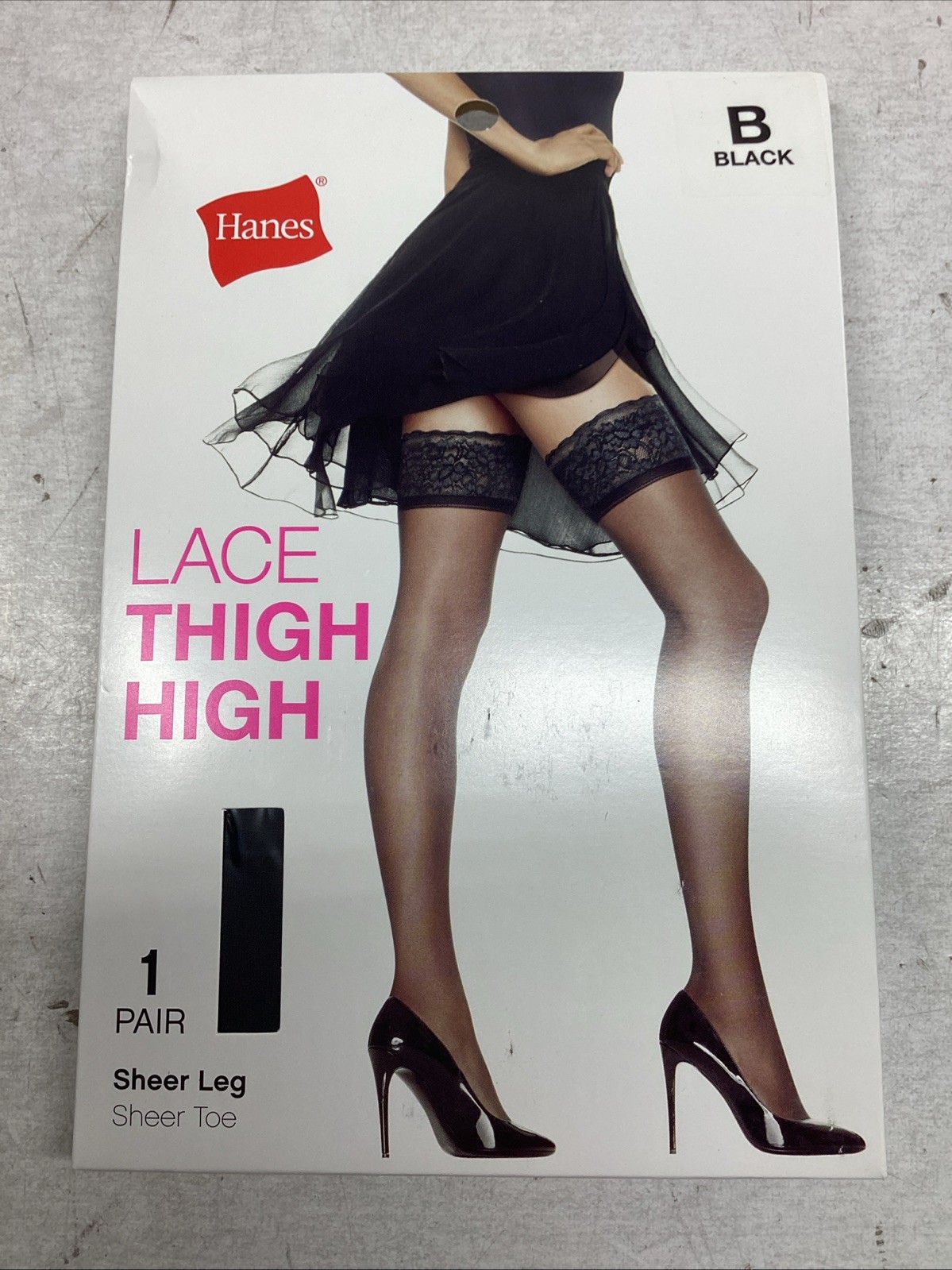 3x Hanes Lace Thigh High Sheer Leg Sheer Toe in Black, Size B