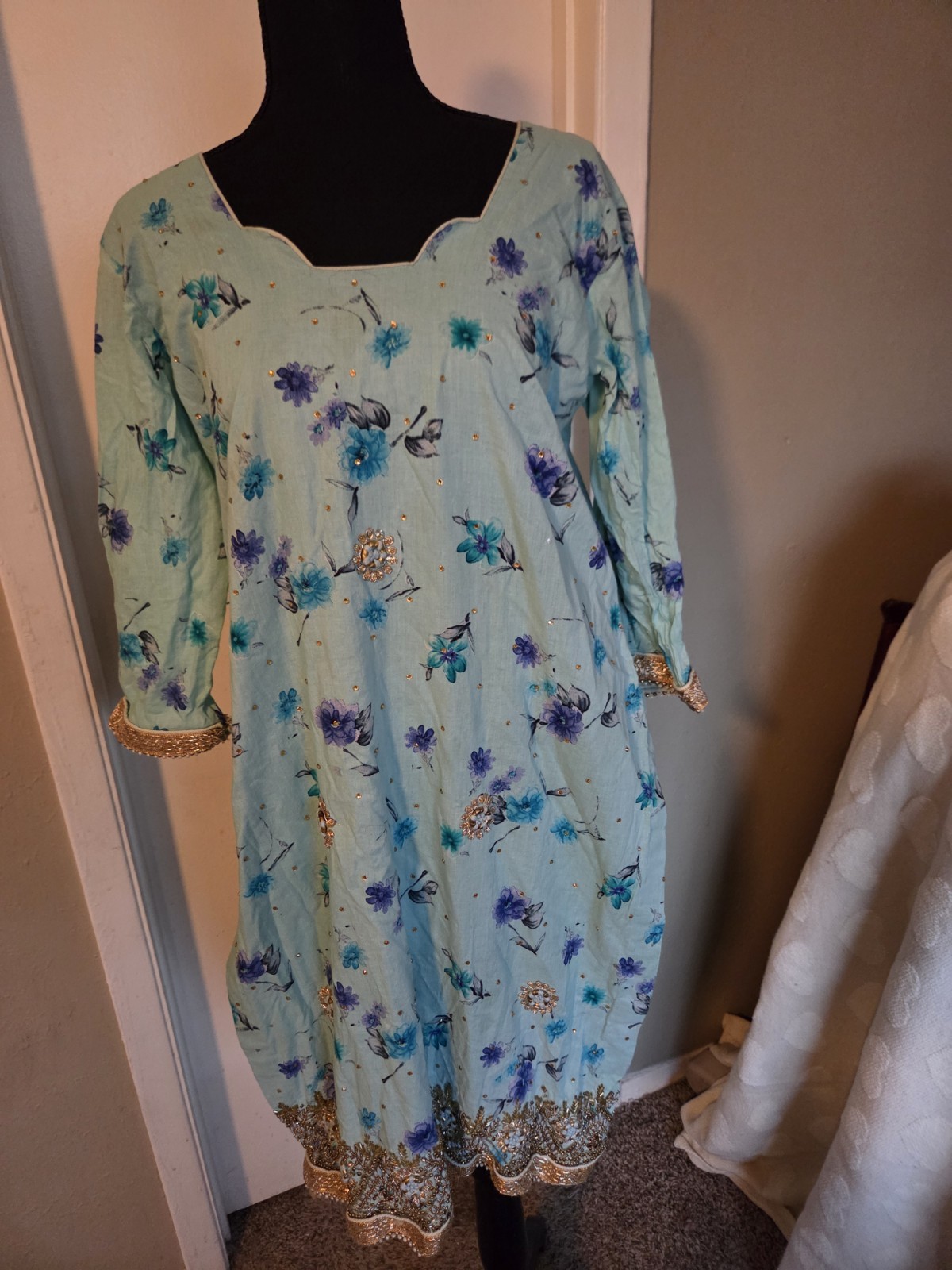 Unbranded Blue Flowered Kurti Or Kameez No Size Tag Measurements In Description