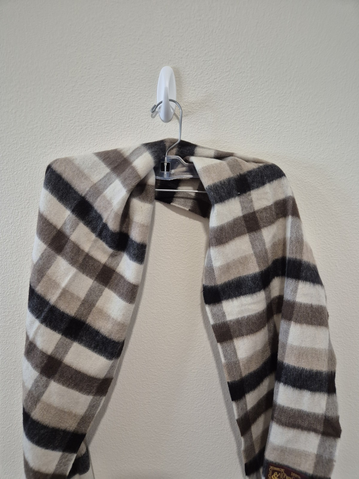 Vintage 100% Pure Cashmere Scarf Made In Germany Plaid Check Beige Brown Fringe