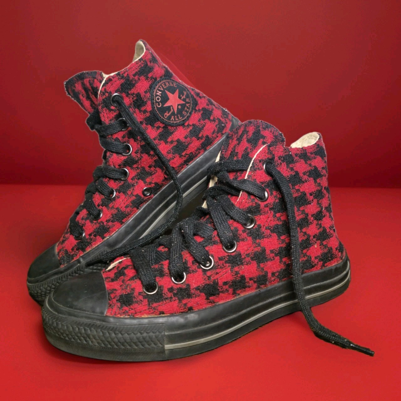 Rare Converse All Star High Top Houndstooth Red Black Woven Fabric Men 4 Women 6