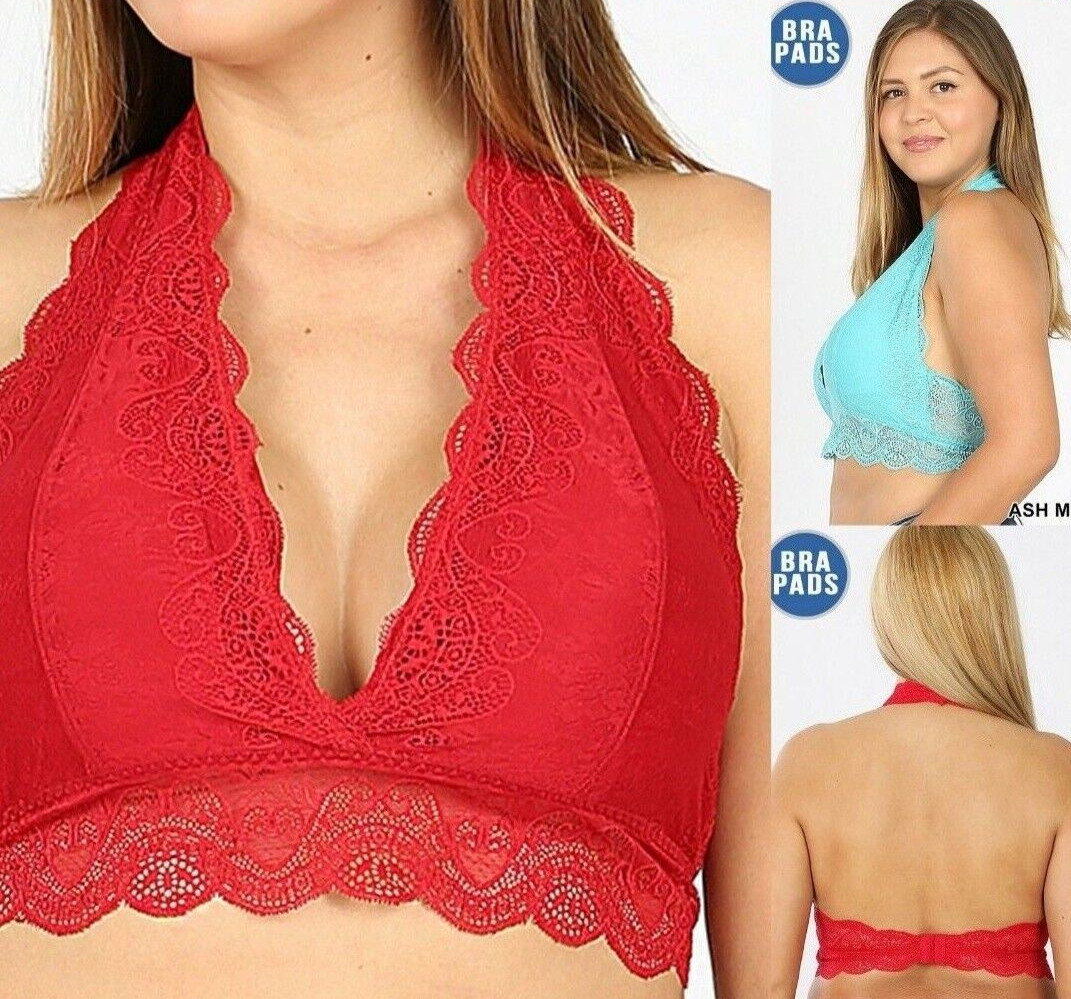 1X 2X 3X Plus Size Lace Halter Bralette Soft Fully Lined Bra Pads Hook Closure