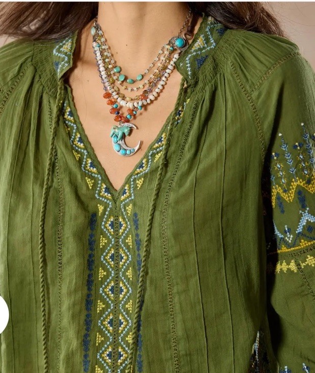 NEW SUNDANCE LIVING CATALOG Women’s Embroidered TOTORA Green Long Sleeve Top L