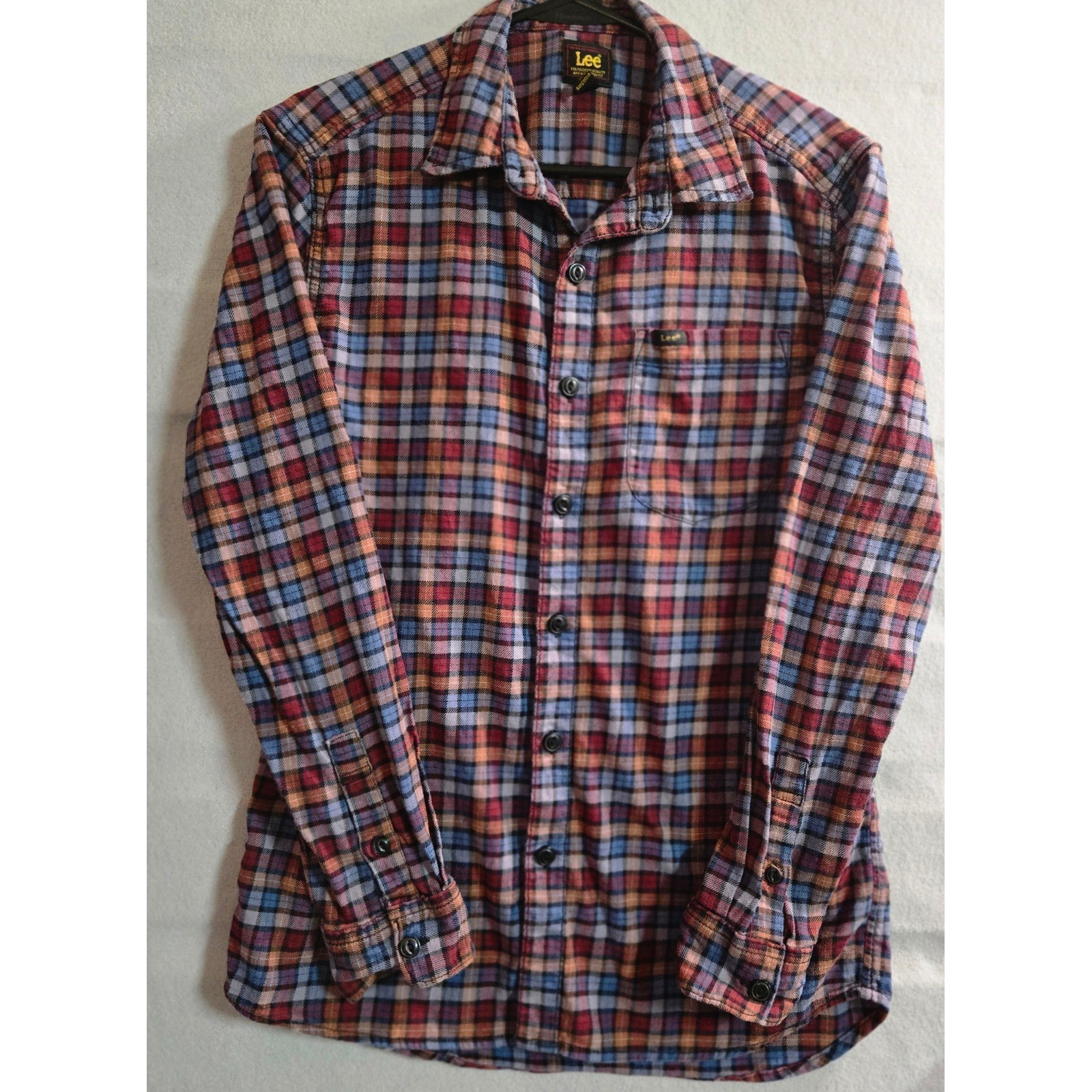 Lee Mens Plaid Flannel Button Down Shirt Medium Red Blue Orange 112339792