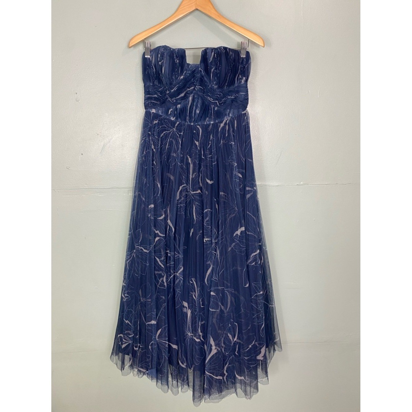 Hutch Corene Gown Midi Dress Blue Tulle Floral Strapless Size 6