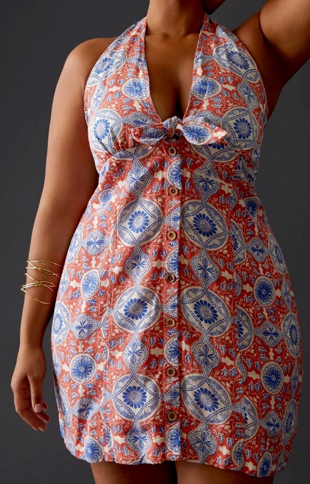 Maeve Anthropologie Halter Dress Size M Button Front Linen Blend Tie Neck Preppy