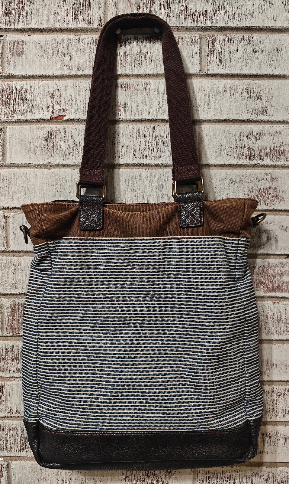 Chala Bluebird Bird Lover Canvas Stripe Tote Shoulder Bag Faux Leather Purse