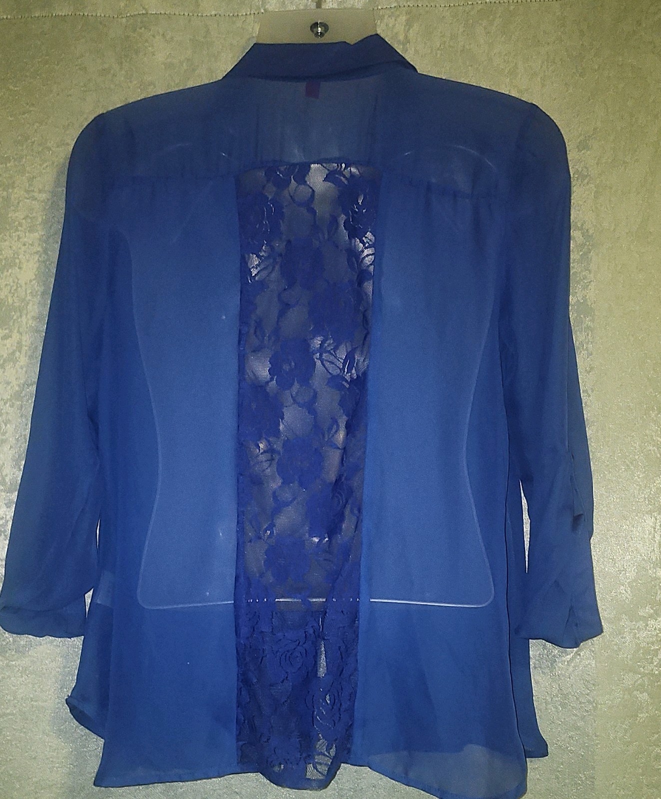 BONGO Women’s Blue Solid Sheer Lace Button-Up Collared 3/4 Sleeve Blouse L/G