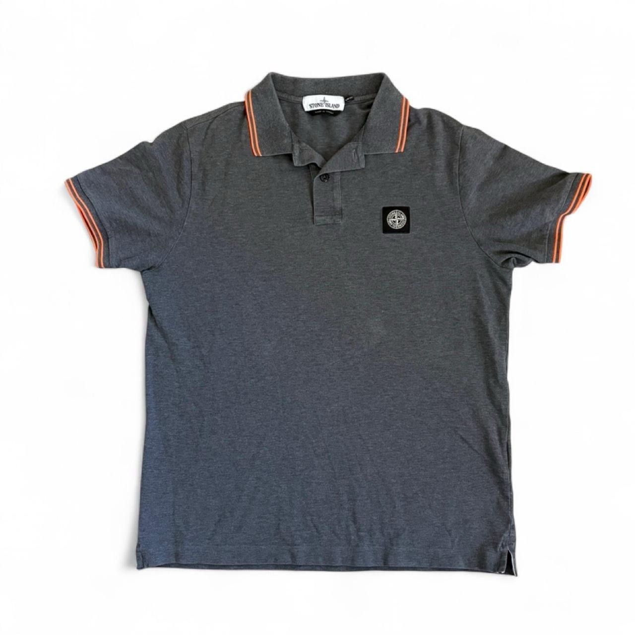 Men’s Stone Island Patch Charcoal Grey Orange Stripe Collared Polo Slim Fit M/L