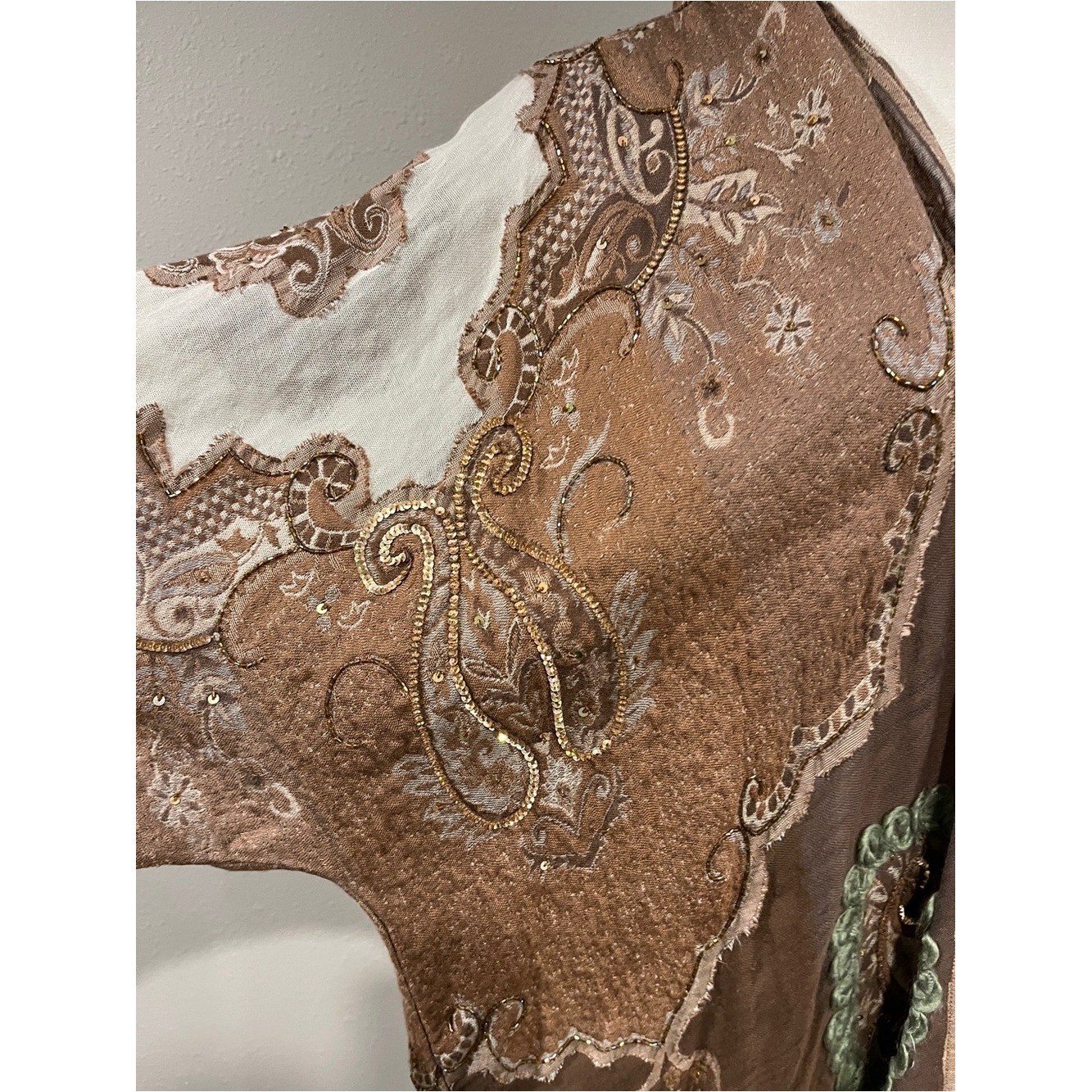 Soft Surroundings Brown Paisley beaded sequins Fringe Kimono
