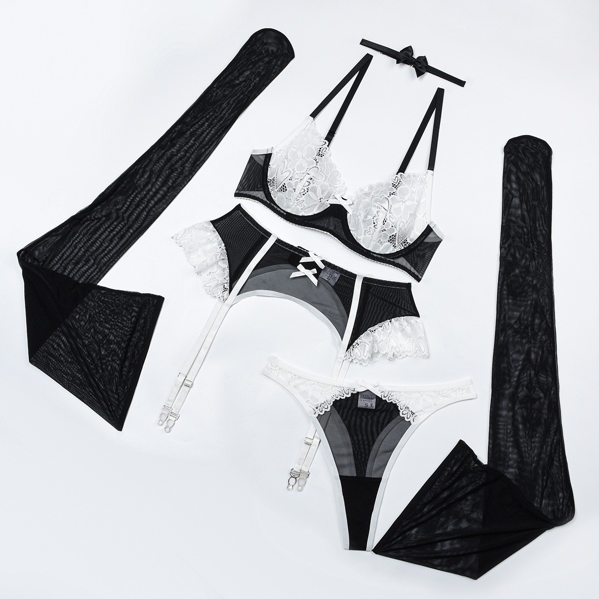 Black & White Sensual Lace Mesh Bra Thongs Garter 5-Piece Lingerie Set