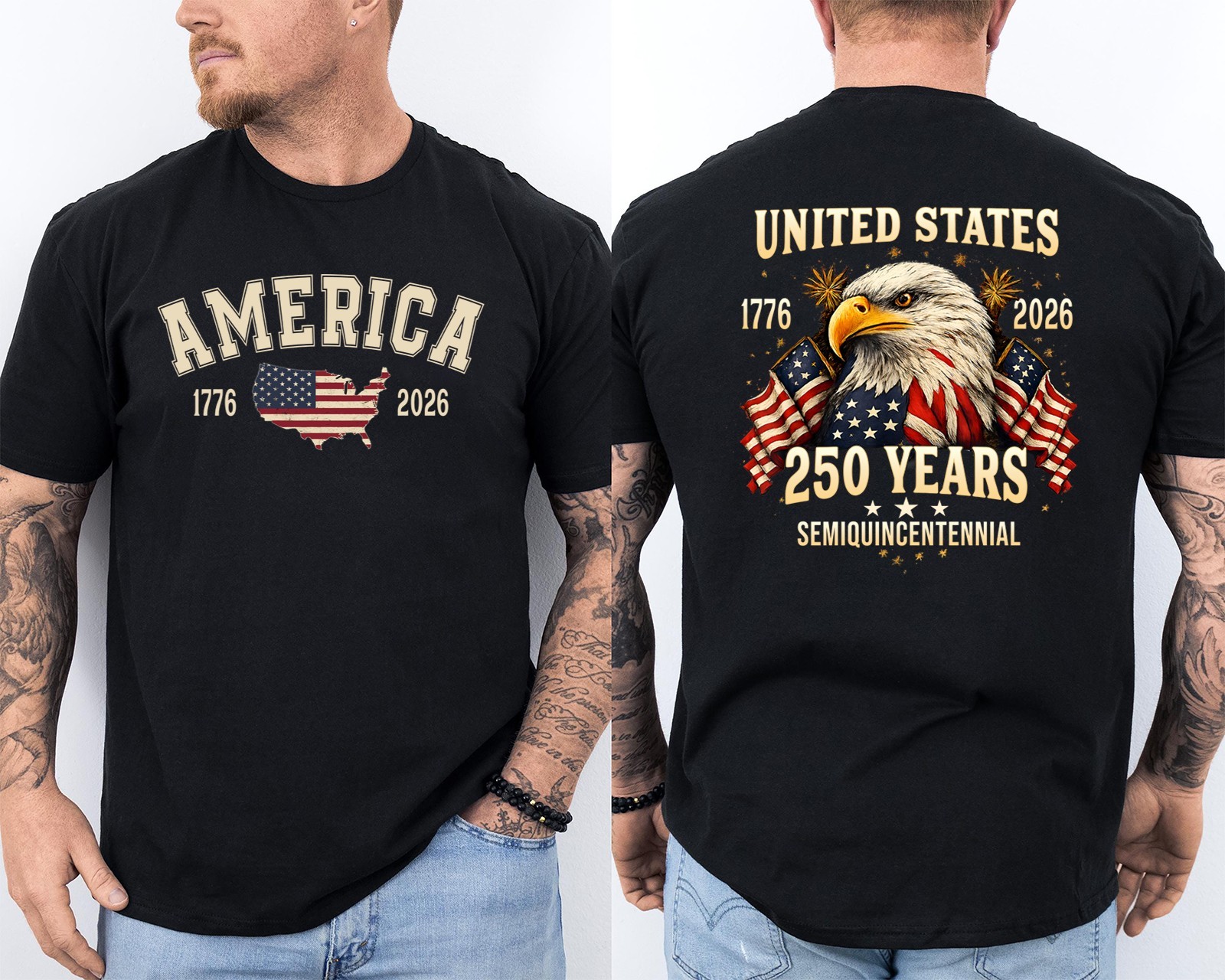 250 Years American Flag 250th Anniversary USA Bald Eagle Front & Back T-Shirt