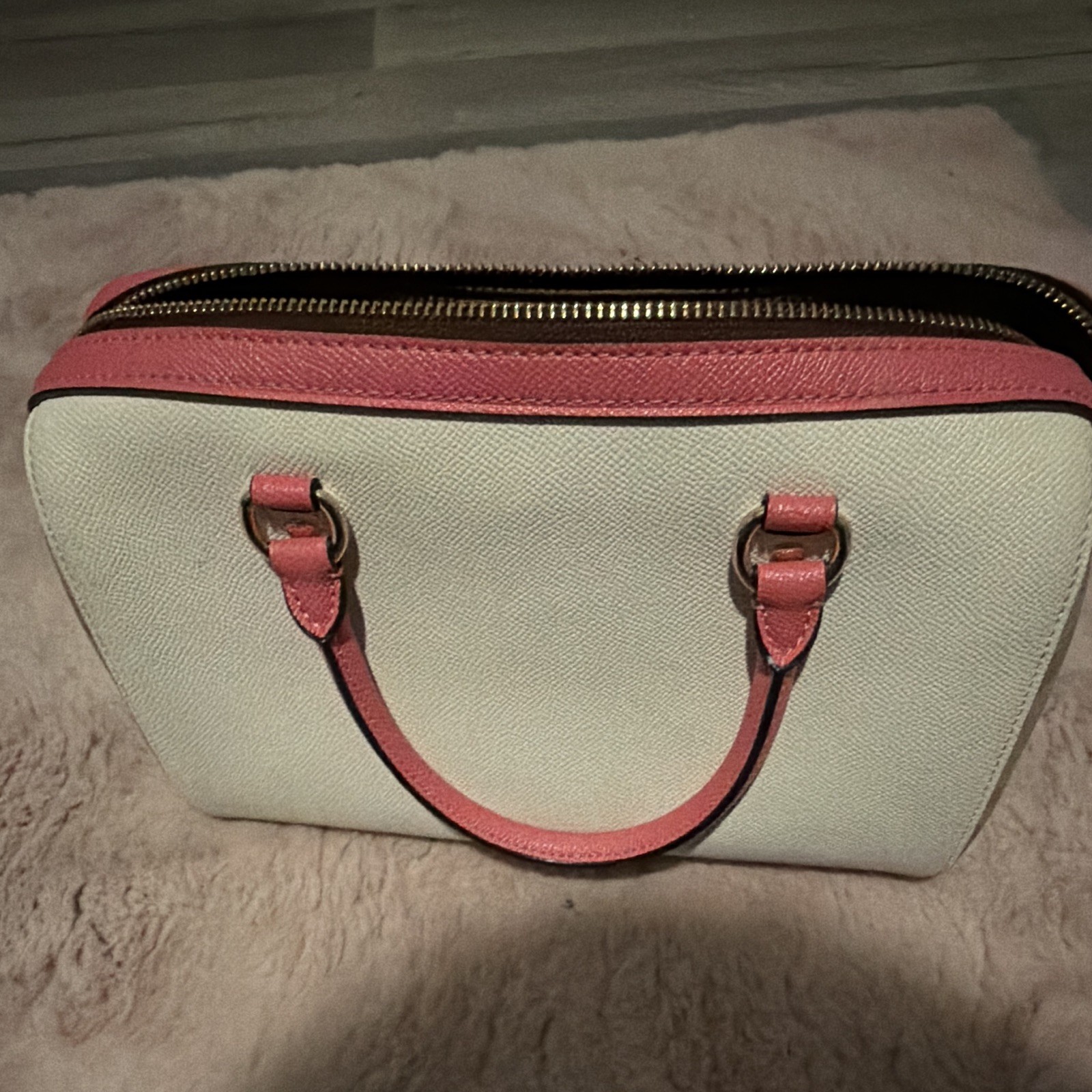 Coach White/Pink Colorblock Satchel Top Handle Zip Gold HW Front Pocket Charm