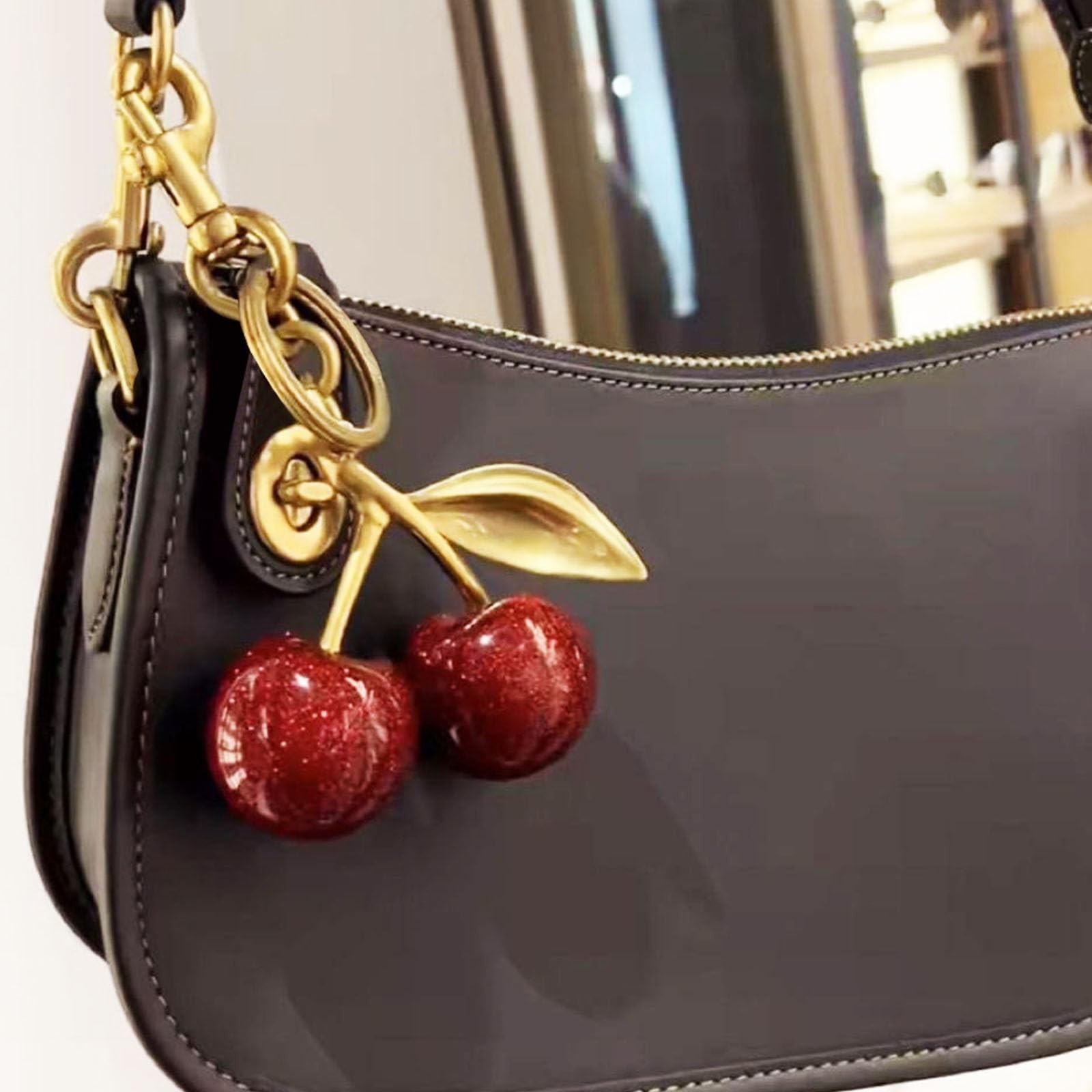 Women’s Cute Cherry Bag Charm Keychain – Red Glitter Purse Key Chain