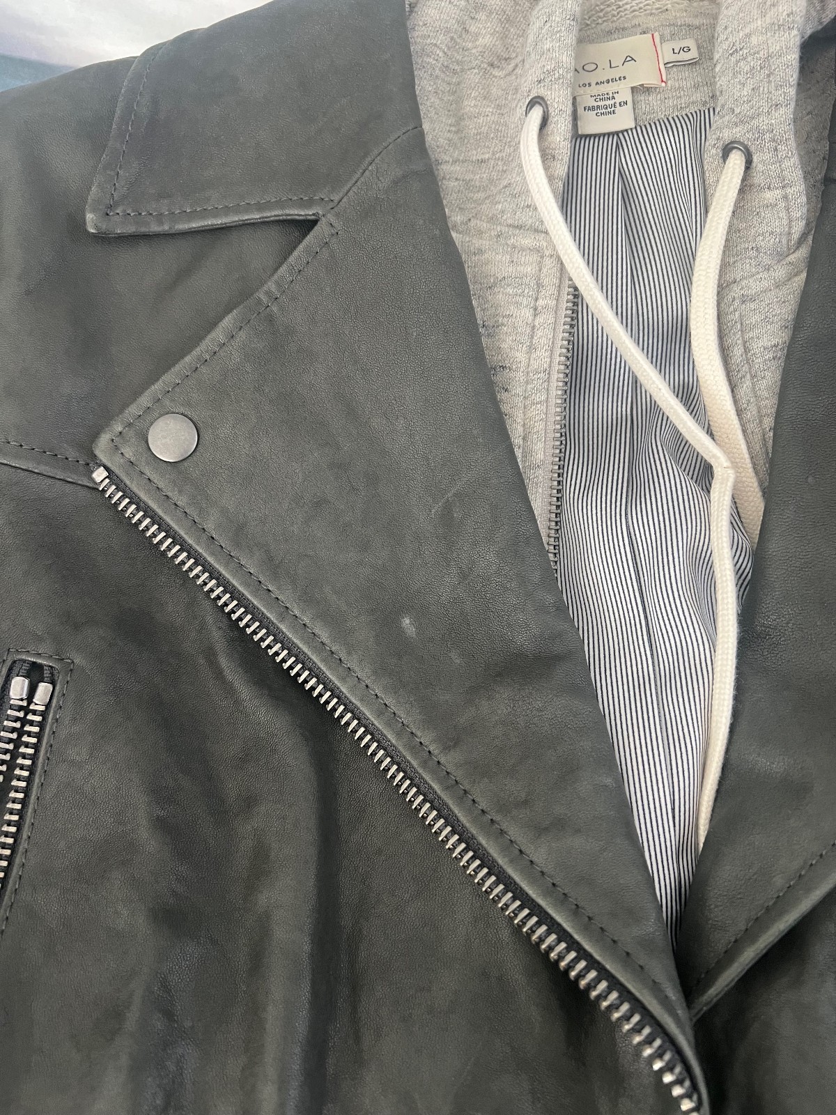 AO.LA by Alice + Olivia Lamb Leather Gray Biker Jacket w/Hood L/G-Moderate Use