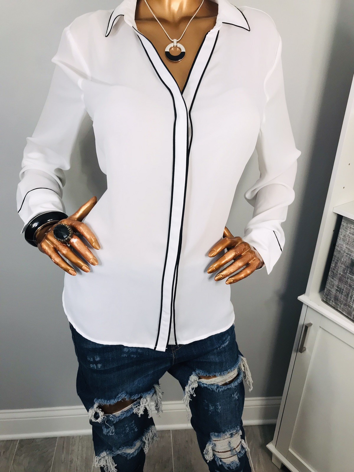 Worthington L Top NWT $37 Sheer Black White Button Up Shirt Blouse Lite Low Cut