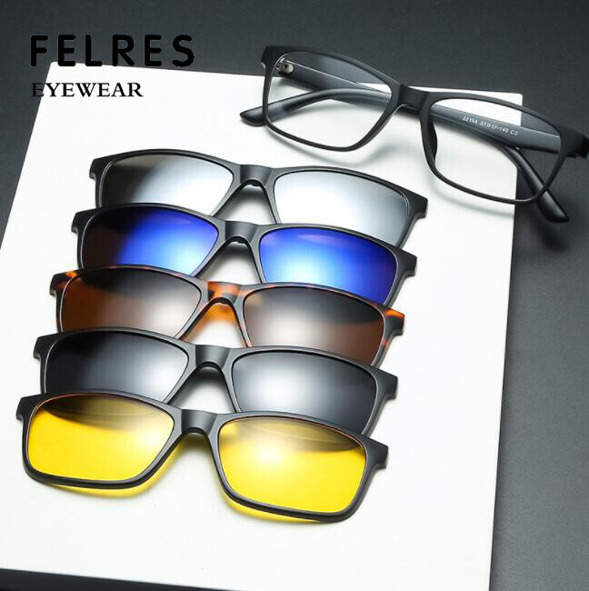 Eyeglasses Frame with 5pcs Magnetic Clip On Polarized Sunglasses Square Glasses