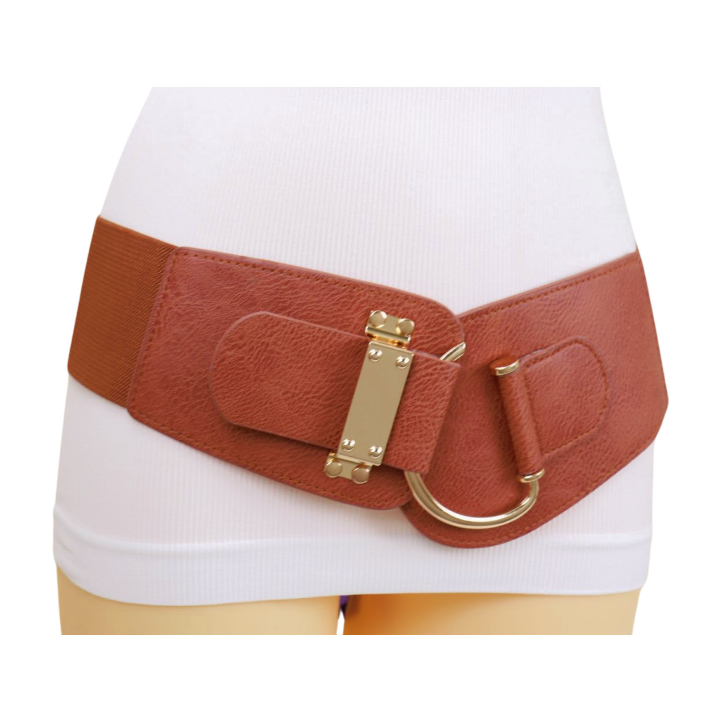 Women Hip High Waist Hook Buckle Chocolate Brown Color Elastic Band Belt M L