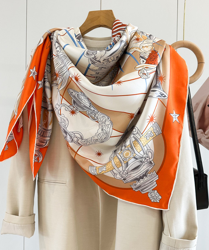 Mulberry Silk Square Scarf Women Neckerchief Wrap Orange wheels Print98