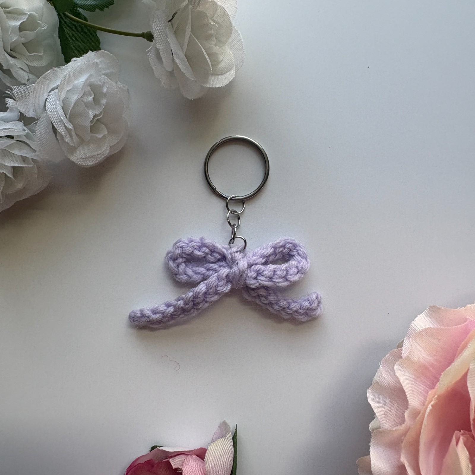 Handmade Crochet Mini Ribbon Bow Keychain 💜 Coquette Lilac Keyring Charm