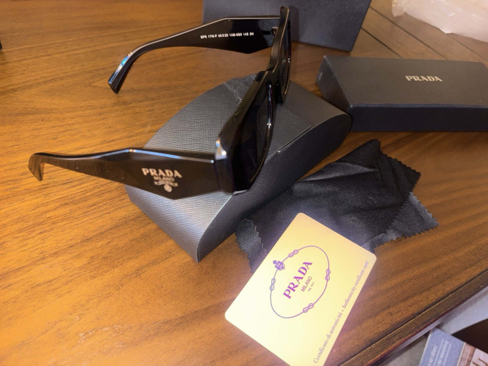 PRADA SPR 17W-F Women’s Rectangle Sunglasses Black Frame Gray Tinted 140mm
