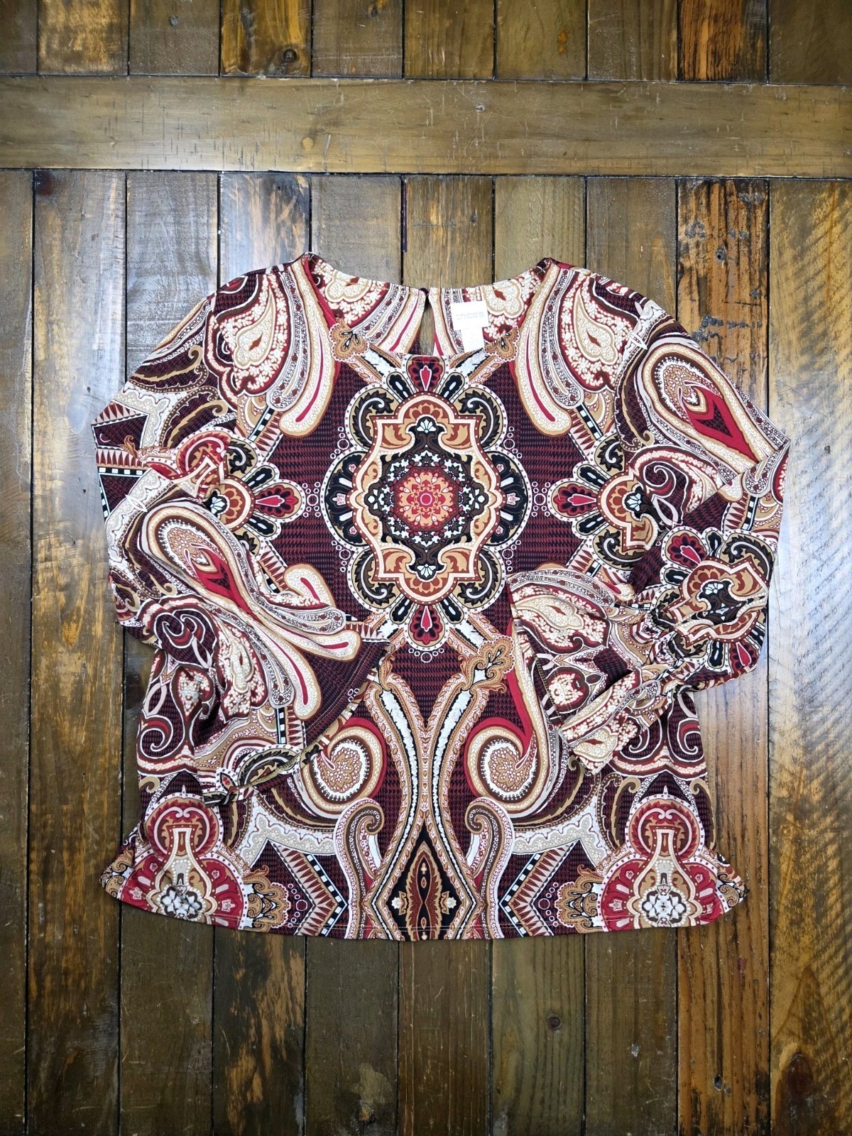 Boho Chico’s Medallion Paisley Top Keyhole Back Detail & Bell Sleeves
