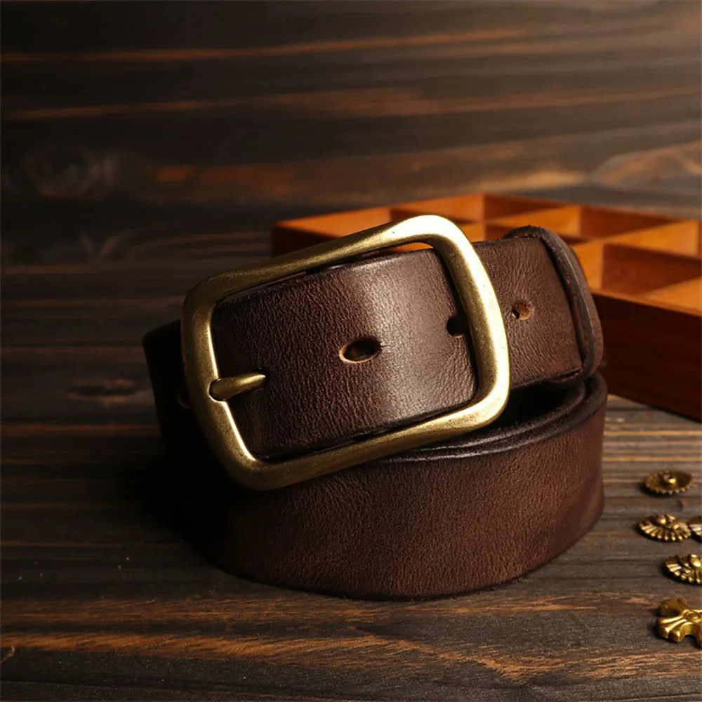 Amekaji Style Genuine Cowhide Leather Belt Brass Buckle Handcrafted 3.8cm Width