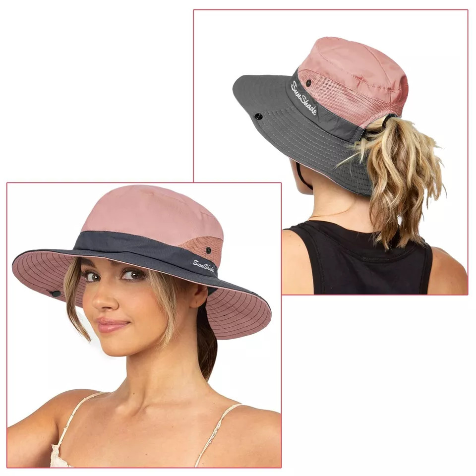 Women’s Summer Bucket Hat Travel Boonie Ponytail Wide Brim Sun UV Protection Cap