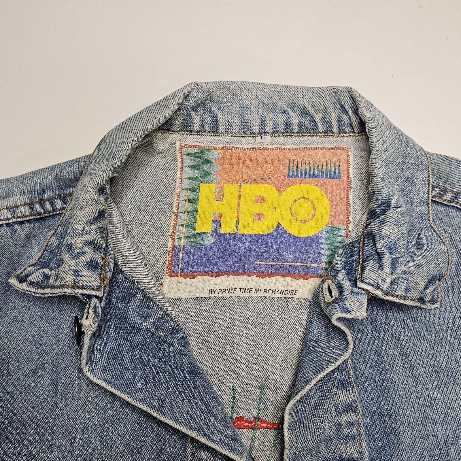 Vintage 80s 90s HBO Patchwork Jean Denim Jacket Med Pop Art Prime Time Short
