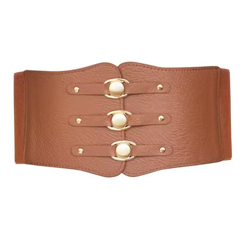 Women Wide Elastic Waist Belt Cinch Corset Triple Gold Buckle Dress Waistband