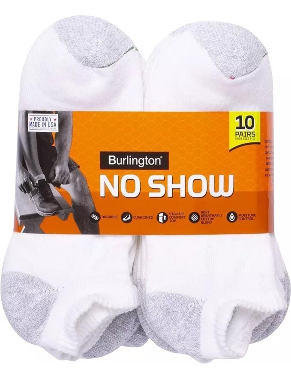 Short No Show White BURLINGTON Comfort Men Athletic Socks 10-pk Thick 73% Cotton