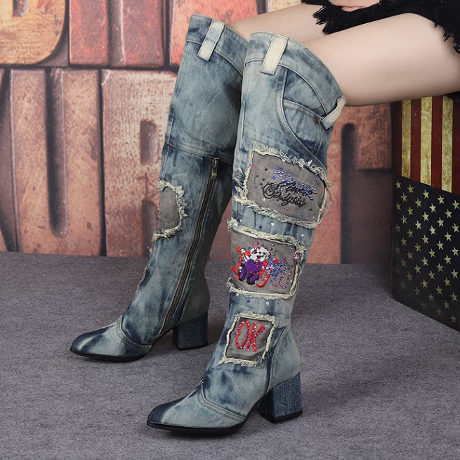 Womens Fashion Denim Block Heels Pointy Toe Thigh High Riding Over Knee Boots
