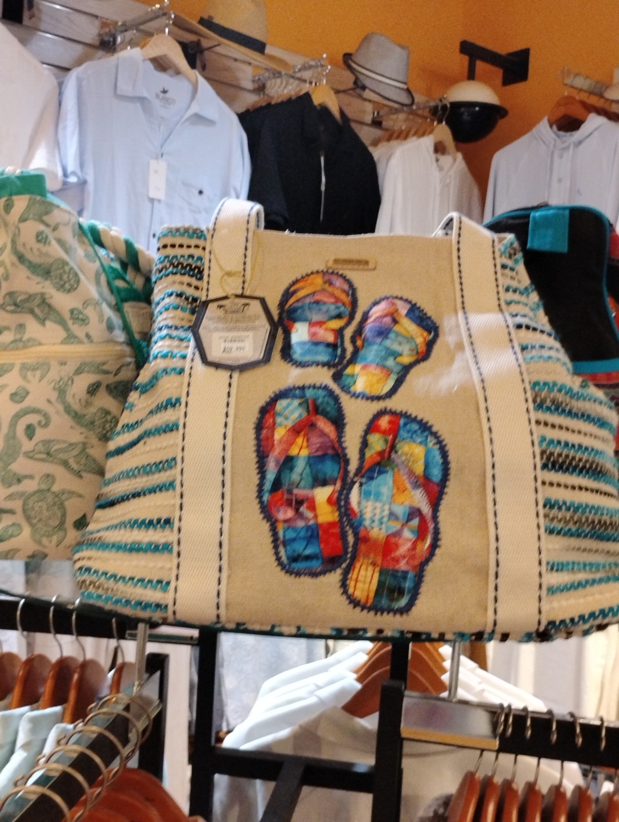 Women’s Beige/Blue/White Striped Tote Bag Embroidered Flip Flop Beach Hang Tag