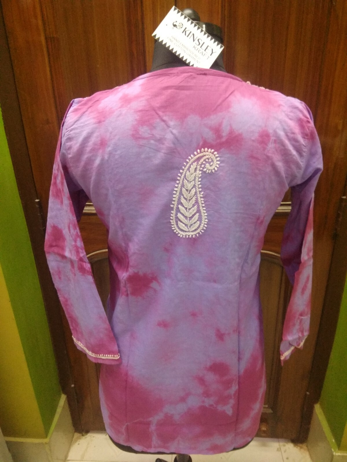 TIE DYE S 38″ L 42″ CHIKAN EMBROIDERY 100%COTTON ETHNIC TOP HANDMADE KURTA KURTI