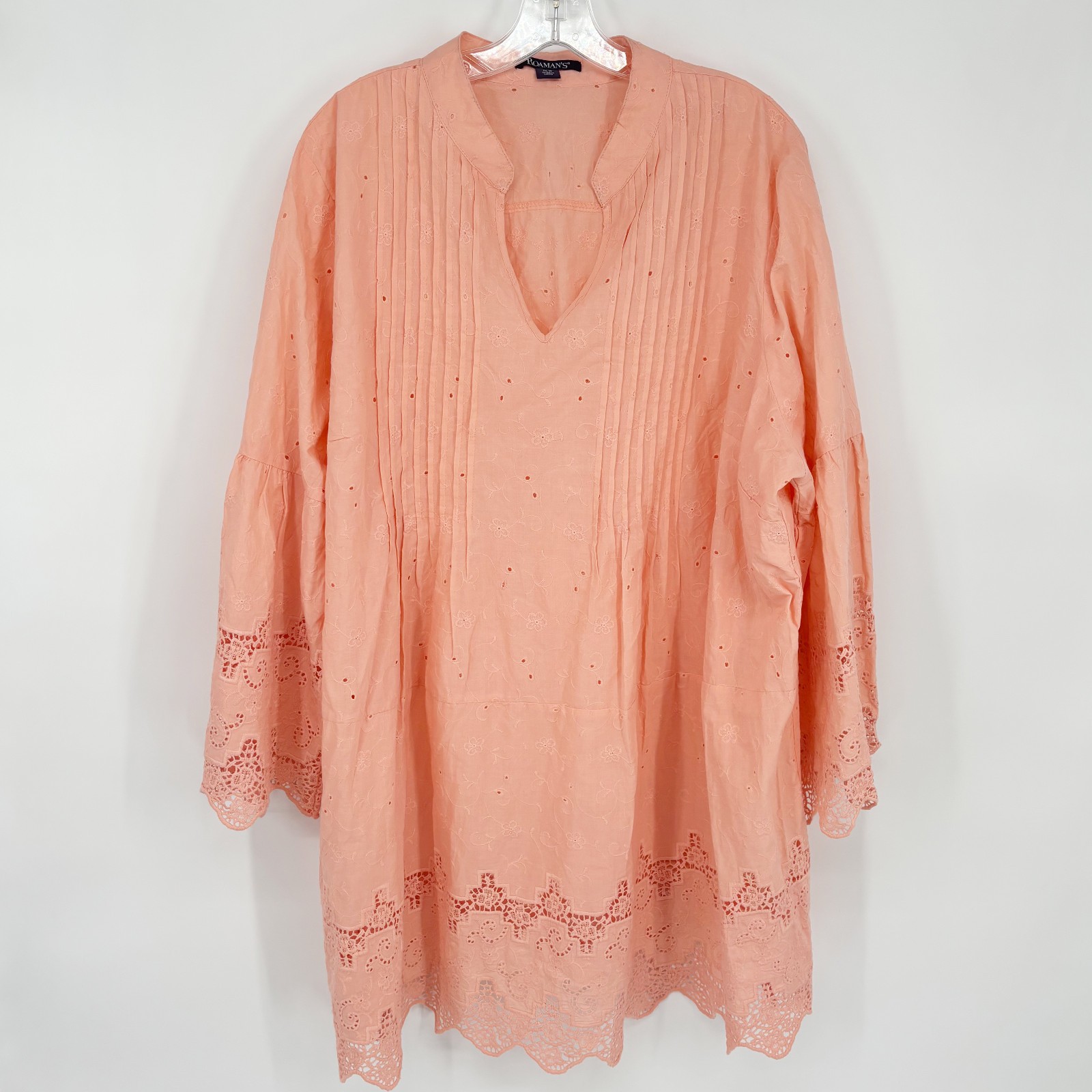 Roman’s 26W Eyelet Floral Boho Cottagecore Top Pintucked Flare Sleeve