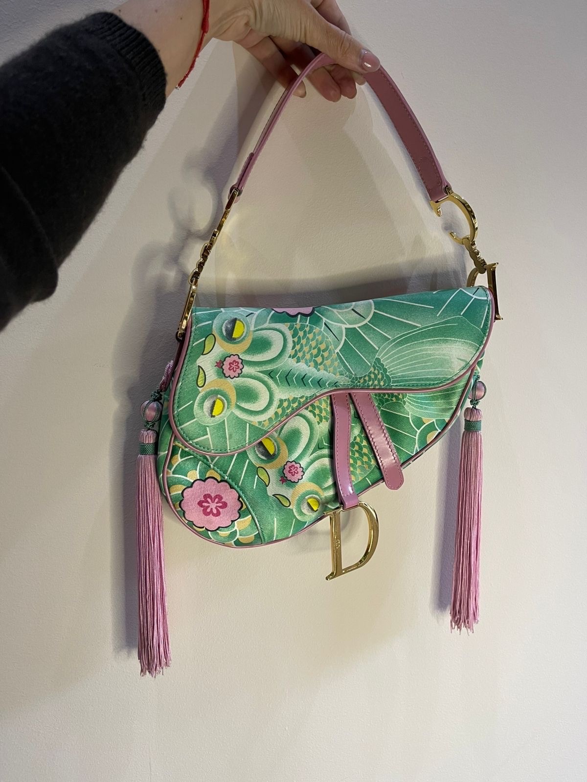 Vintage Dior by Galliano 2003 Koi Fish Satin Saddle Green Pink