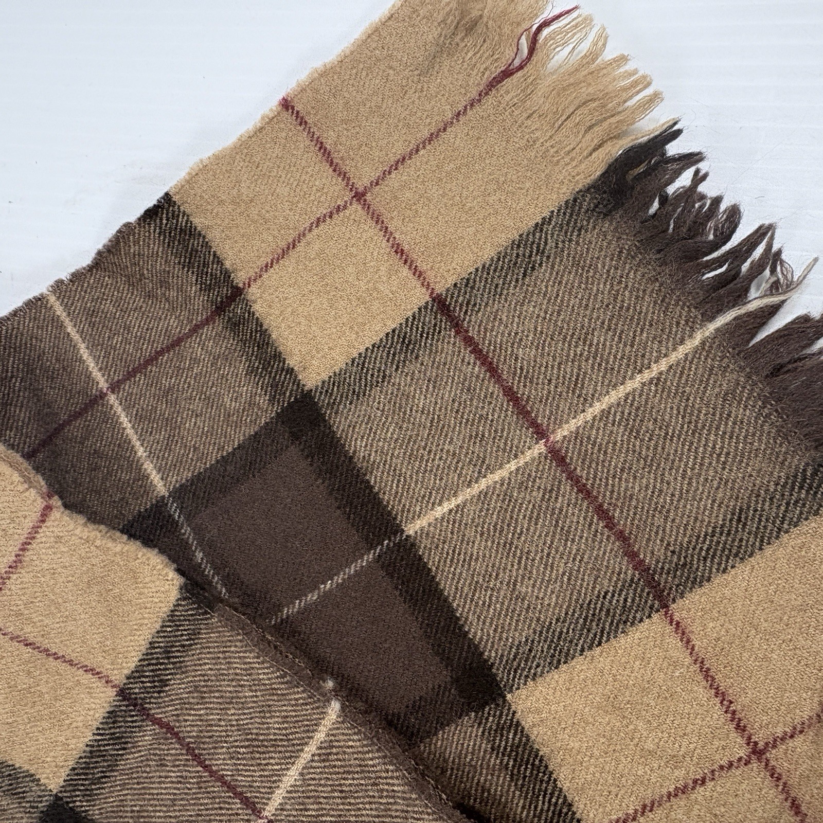 Plaid Wool Scarf Unisex 48 inches x 10 inches Tan Beige White Black Red Fringe