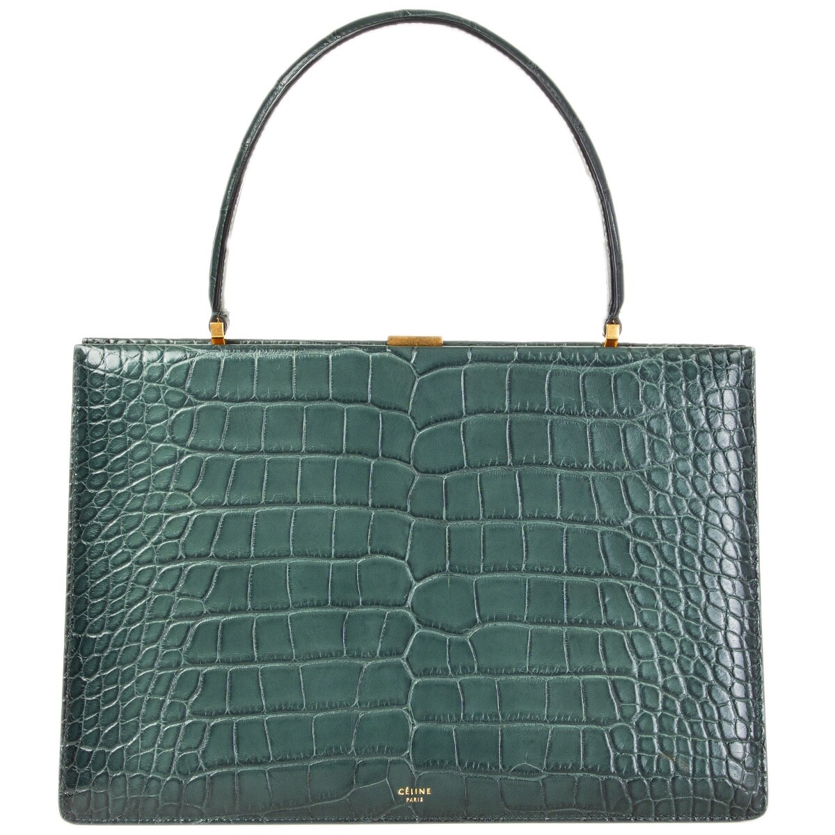 63581 auth CELINE Cypress green CROCO MEDIUM CLASP Top Handle Bag