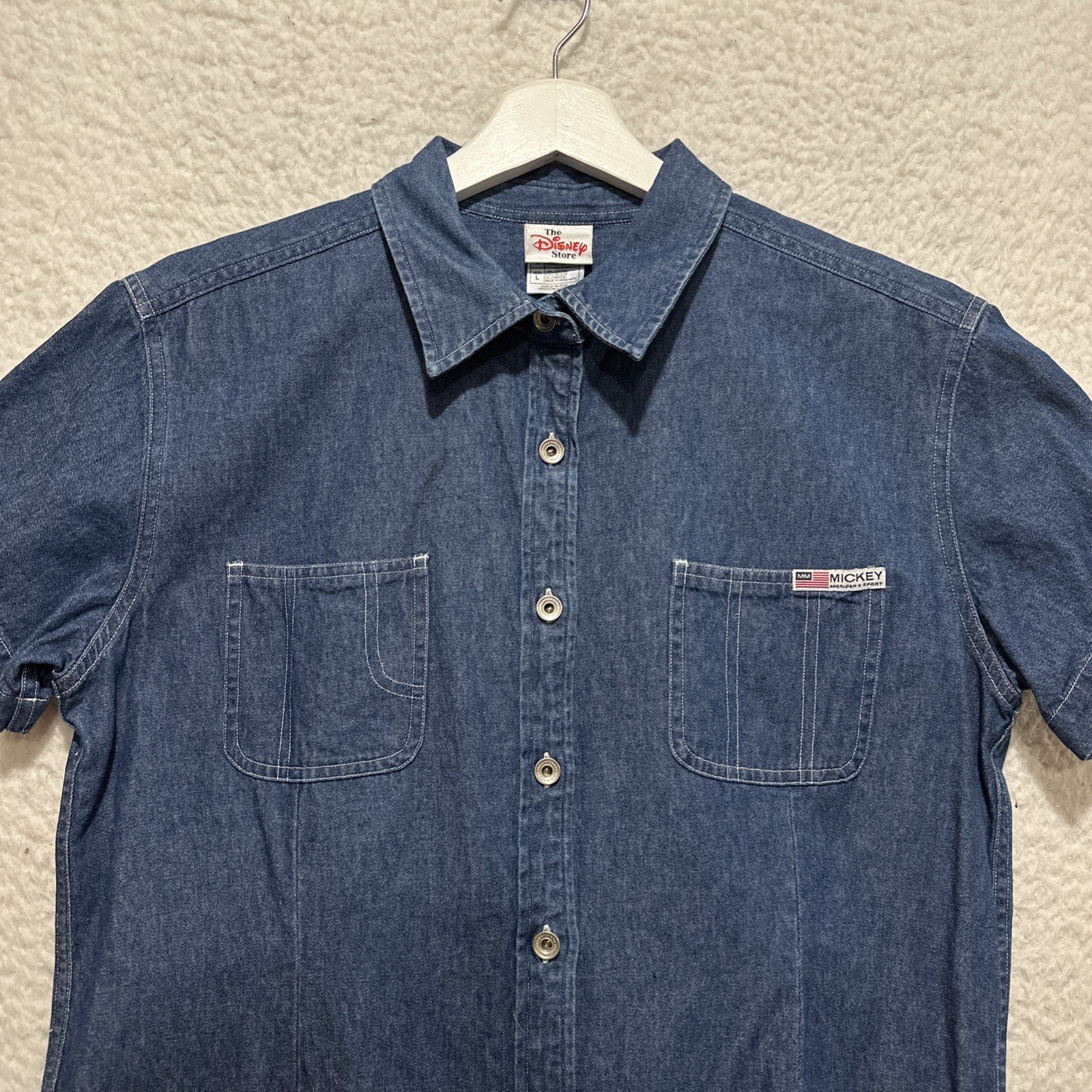 VTG Disney Store Women’s L Blue Denim Button-Down Shirt Chest Pocket Logo