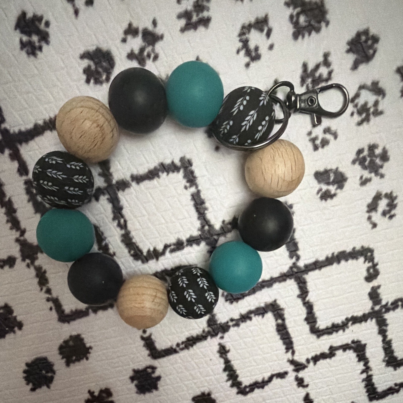 Beaded Wristlet Key Chain, Detachable, Black Teal Natural Wood, Geometric