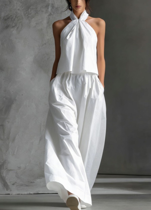 Women Sleeveless Halter Crop Top High Waist Wide Leg Pants 2 Piece Outfit Set