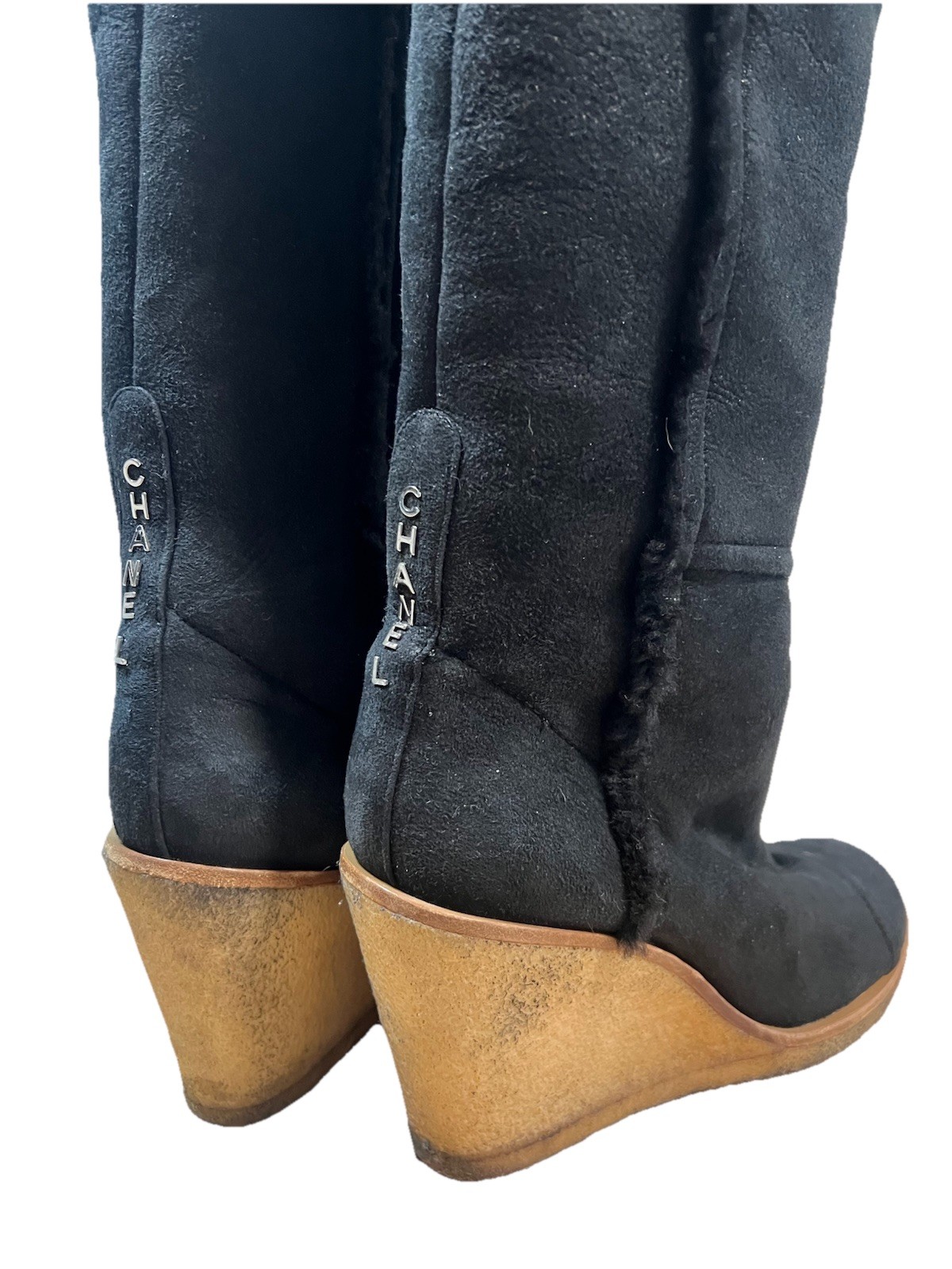 Chanel Boots 40 Wedge Knee High Suede Sherpa Fur Lined Biker Moto Spellout Logos
