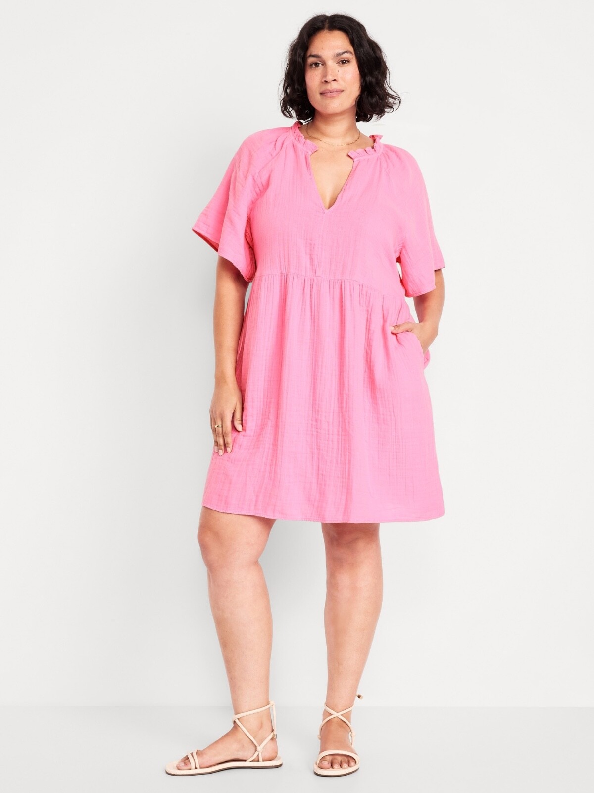 Old Navy Split-Neck Crinkle Gauze Mini Swing Dress Pink Many Sz NEW